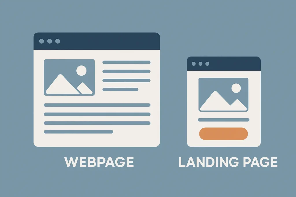 Bir web sitesinin anasayfası ile tek hedefe odaklanan açılış sayfasının yapısını yan yana karşılaştıran görsel